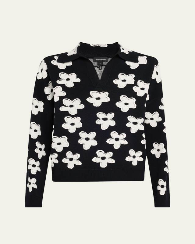 Daisy Jacquard Long-Sleeve Polo Top